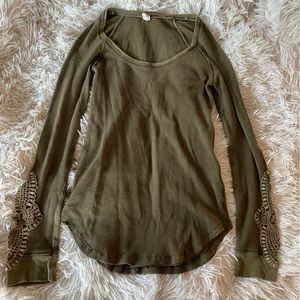Free People Army Green Waffle/Thermal top with crochet details on sleeve
